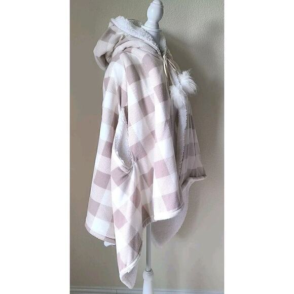 Soft Surroundings Fleece Cape Poncho Shawl Plaid Hood Women One Size Puff Balls - Picture 2 of 10